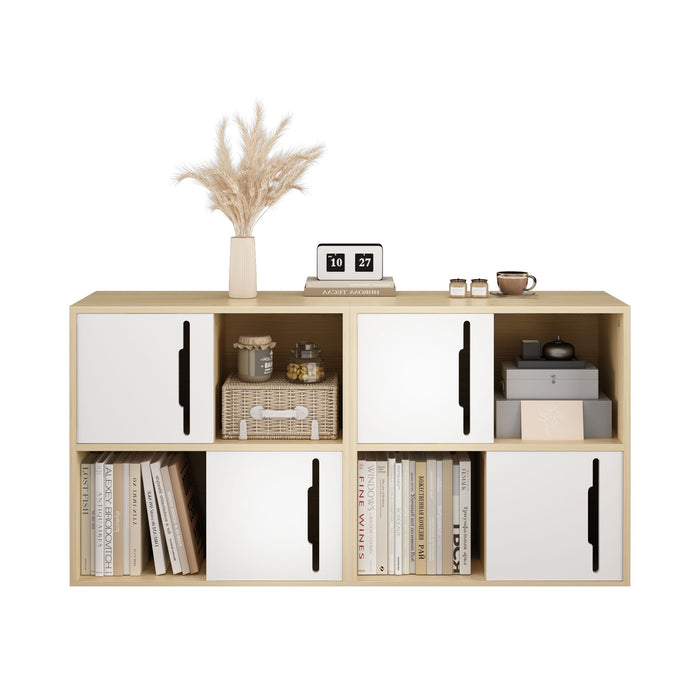 Storage Cabinet With Sliding Doors, 2 Tier Open And Closed Shelves Organizer - Natural / White