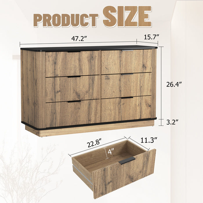 Modern 6 Drawer Cabinet With Metal Rounded Corners And Exquisite Handles Multi Functional Storage - Natural Wood