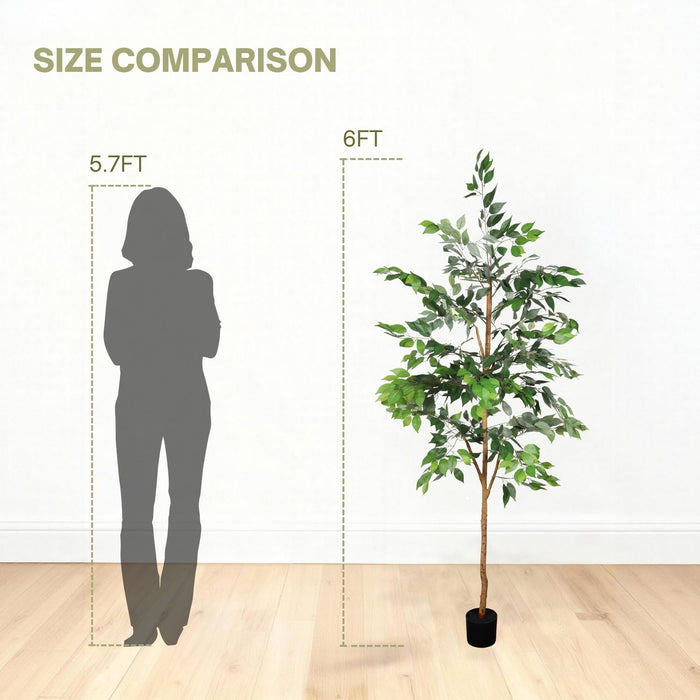6Ft Artificial Ficus Tree With Natural Trunk In Pot For Indoor Home Office Decor - Green Leaves