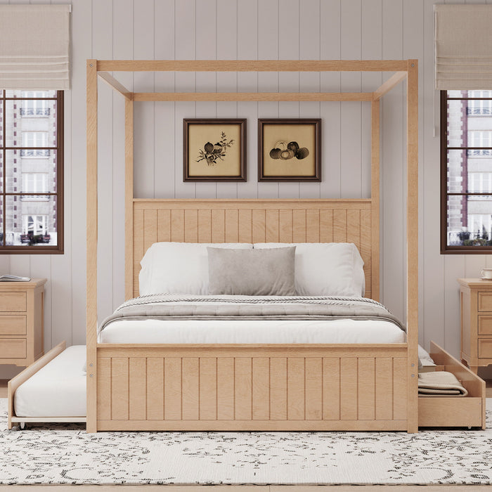 Queen Size Canopy Platform Bed With Trundle And 3 Storage Drawers, 4 Post, No Box Spring Needed - Natural