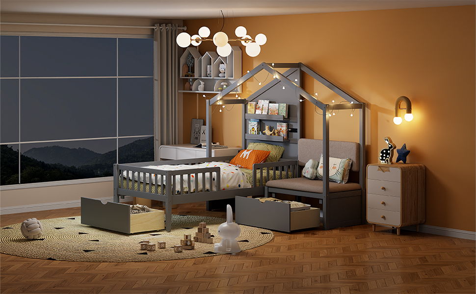 House Bed With Upholstered Sofa, Wireless Charging Station, Shelves And 2 Drawers