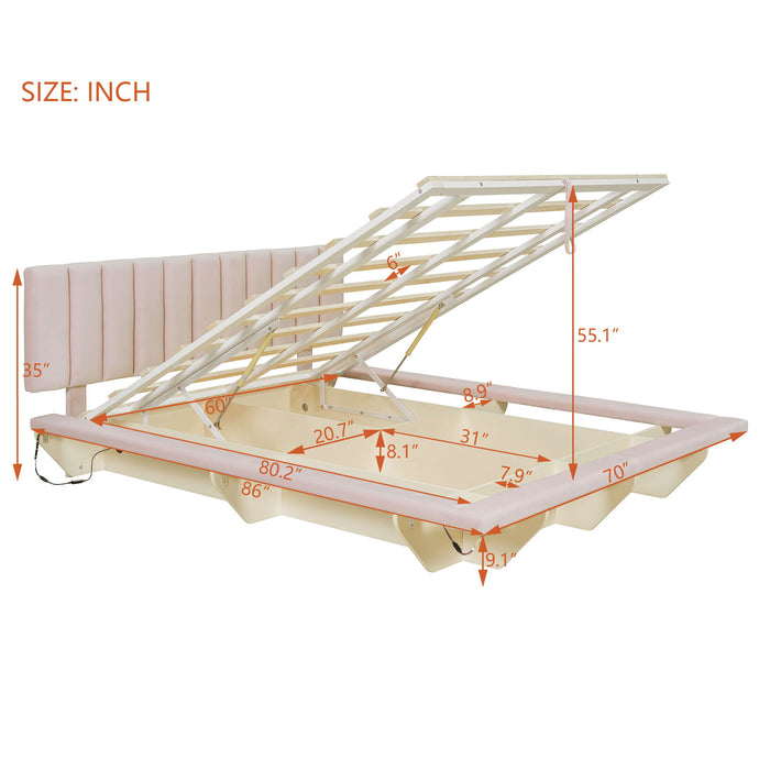 Upholstered Floating Hydrualic Platform Bed With LED Light And USB Port