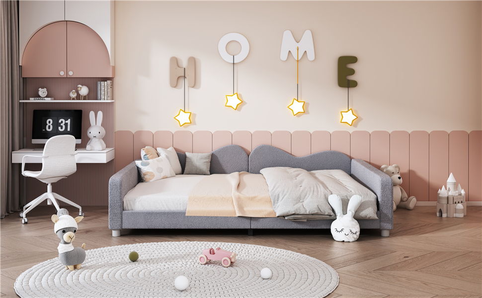 Upholstered Daybed, Sherpa Fabric Sofabed With Cloud-Shaped Backrest