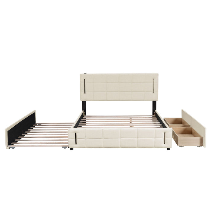 Upholstered Platform Bed With Trundle & Drawers