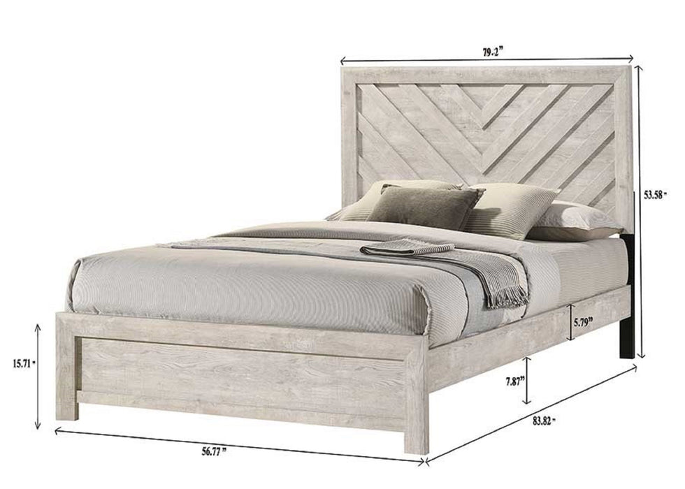 King Size Bed Rustic Beige Gray Finish Wooden Bedroom Furniture Geometric Design Chevron Pattern