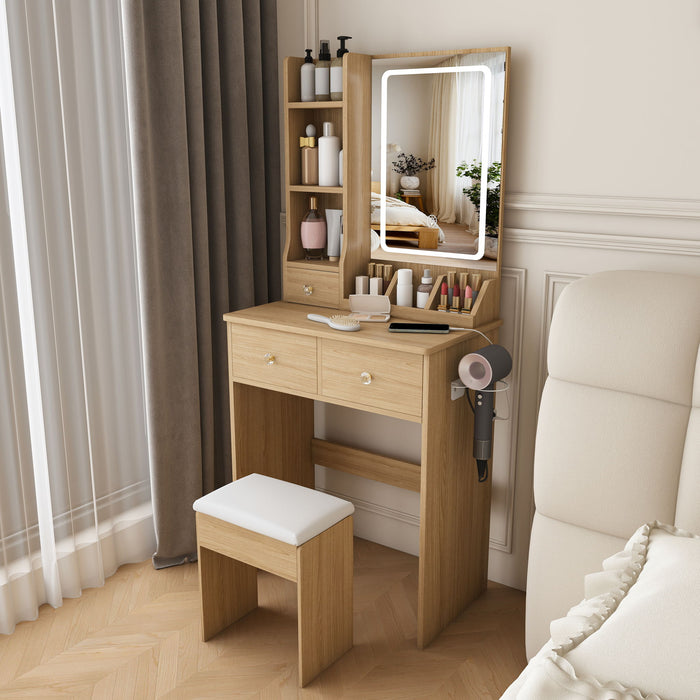 Small Vanity Desk With 3 LED Lighting Modes, 3 Drawers, Hair Dryer Holder, Power Socket, And Dressing Chair - Natural Walnut