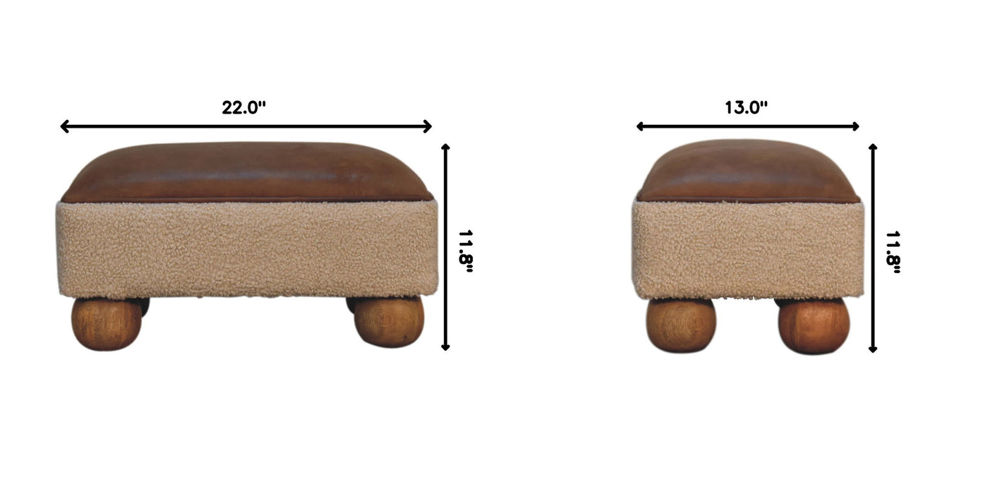 Vintage Leather Boucle Ball Footstool - Brown