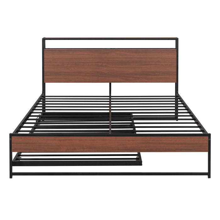 Platform Bed Frame With Trundle, USB Ports And Slat Support, No Box Spring Needed