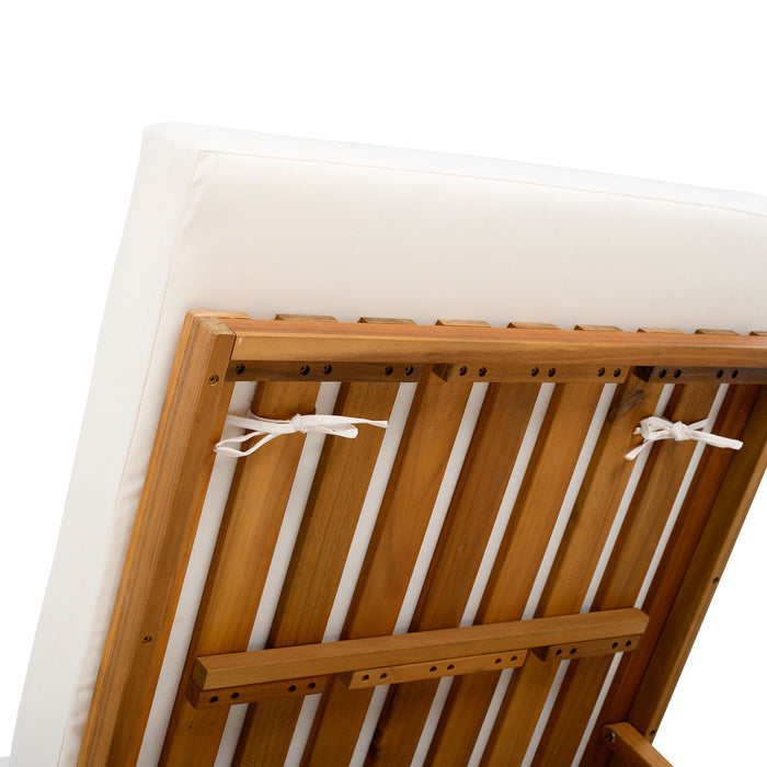 Premium Acacia Wood Lounge Chaise Set With Water Resistant Cushions, Adjustable Recline - Cream / Teak