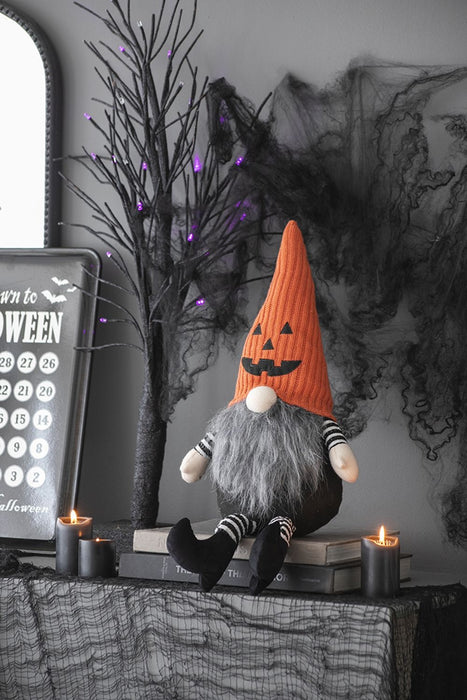 Sitting Gnome With Knit Hat, For Halloween Decor - Black / Orange / White