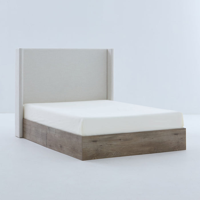 Shelton - Queen Upholstered Wingback Bed With 54" High Headboard - Ivory / Light Gray / Camel Oak