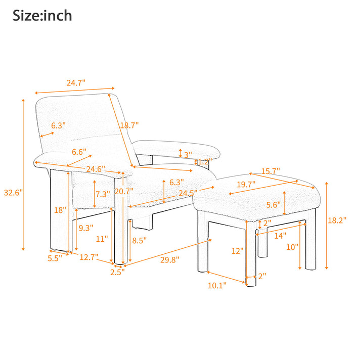 Modern Accent Chair With Ottoman, Mid Century Lounge Chair With Footrest, Comfy Fabric Armchair Upholstered Set With Solid Wood Frame For Living Room - White