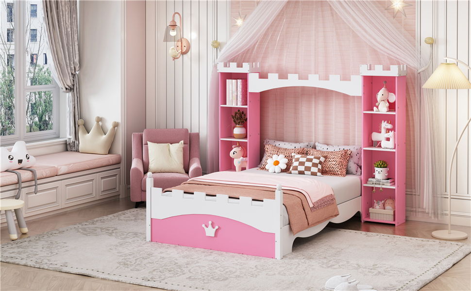 Castle Shaped Bed With Storage Shelf, Dreamy Platform Bed For Kids Bedroom