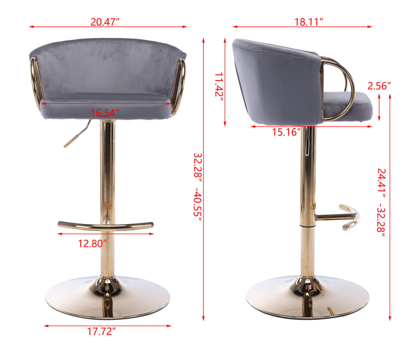 (Set of 2) Bar Stools, With Chrome Footrest And Base Swivel Height Adjustable Mechanical Lifting Velvet And Golden Leg Simple Bar Stool - Gray