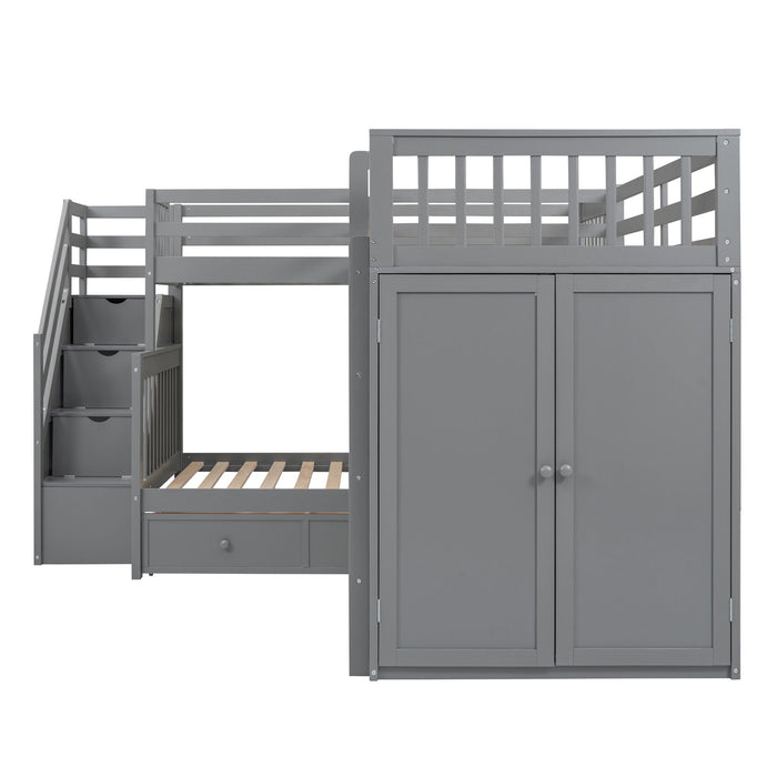 L Shaped Bunk Bed With 3 Drawers, Portable Desk And Wardrobe