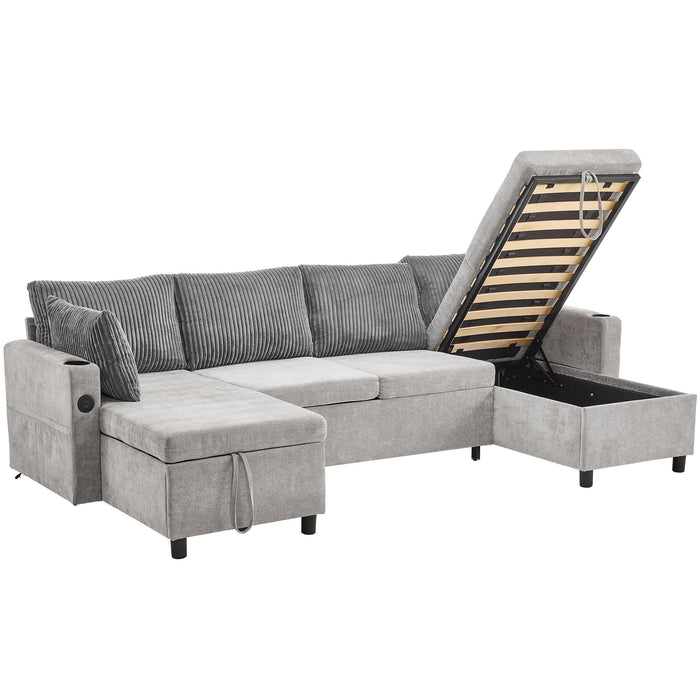 Sectional Sofa Bed With Pull Out Sleeper, USB Ports, Cup Holders
