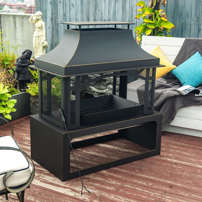 40" Wood Burning Fireplace, 50000 Btu Steel Fire Pit, Wood Burning Chimney For Outside Patio Deck Garden Backyard - Black