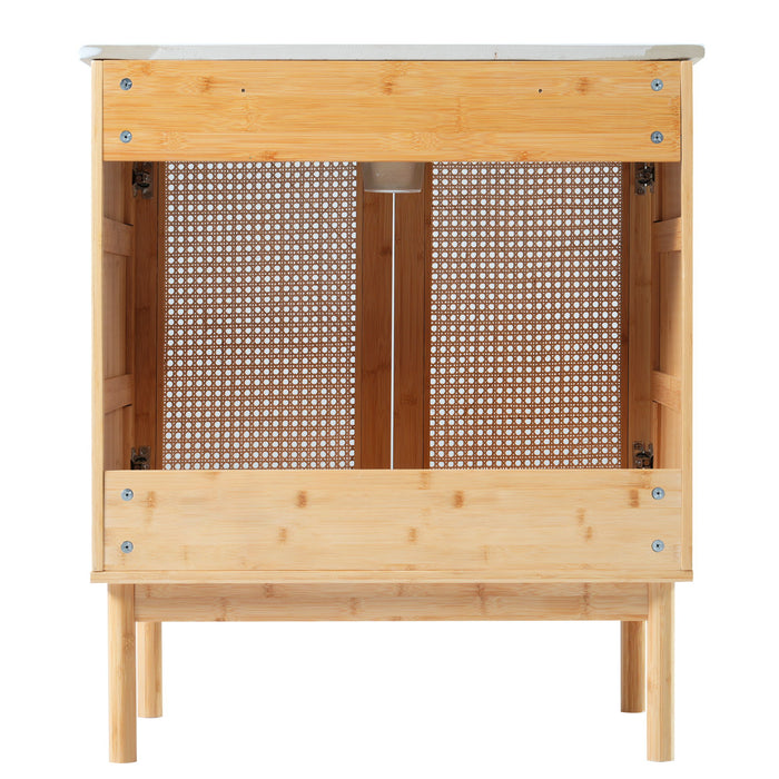 Bathroom Vanity Crafted From Natural Materials, Featuring Handmade Rattan Doors And Soft-Closing Mechanisms - Light Brown