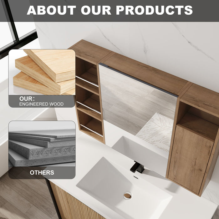 Wall Mounted Bathroom Mirror Cabinet, Adjustable Shelves Storage Cabinet - Imitative Oak