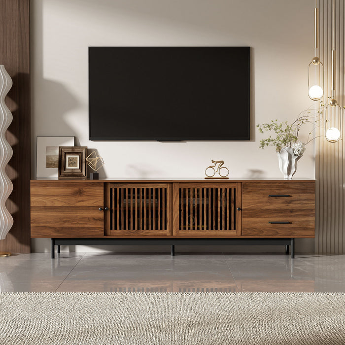 TV Stand, Media Console With 2 Drawers, Soft Closing Hinges, Adjustable Shelves, Slatted Design - Walnut