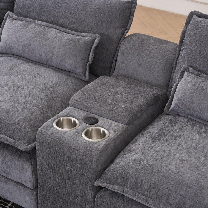 U Shaped Sofa With Console, Cupholders, USB Ports, 6 Seat, Bronzing Suede & Chenille
