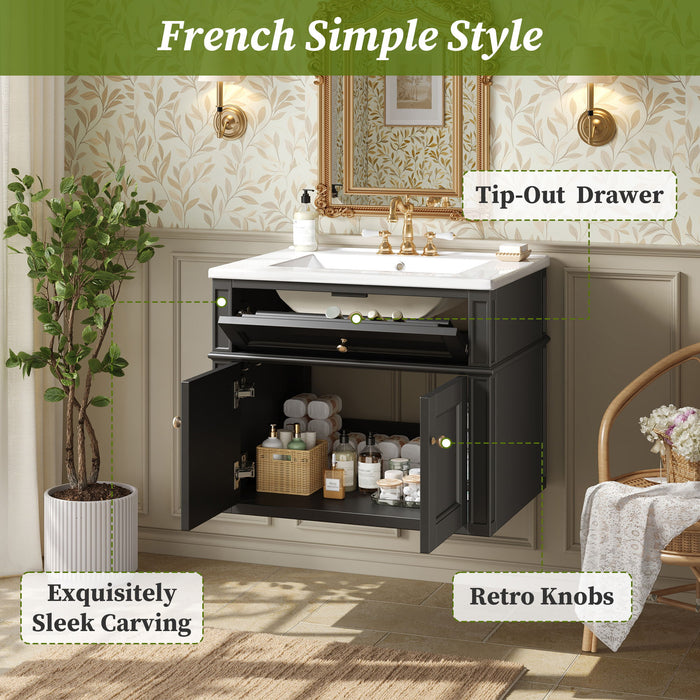 Wall Mounted Bathroom Vanity With Tip Out Drawer And Open Back Design