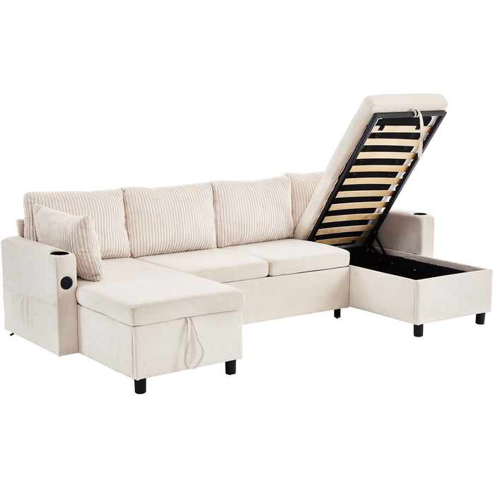 Sectional Sofa Bed With Pull Out Sleeper, USB Ports, Cup Holders