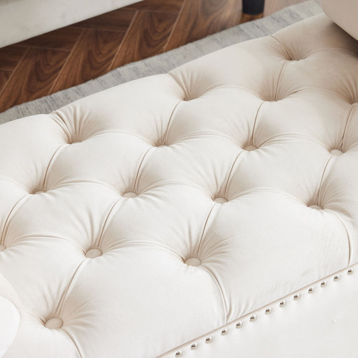 Queen Velvet Button Bedside Storage Bench With Armrests, Nailhead Trim
