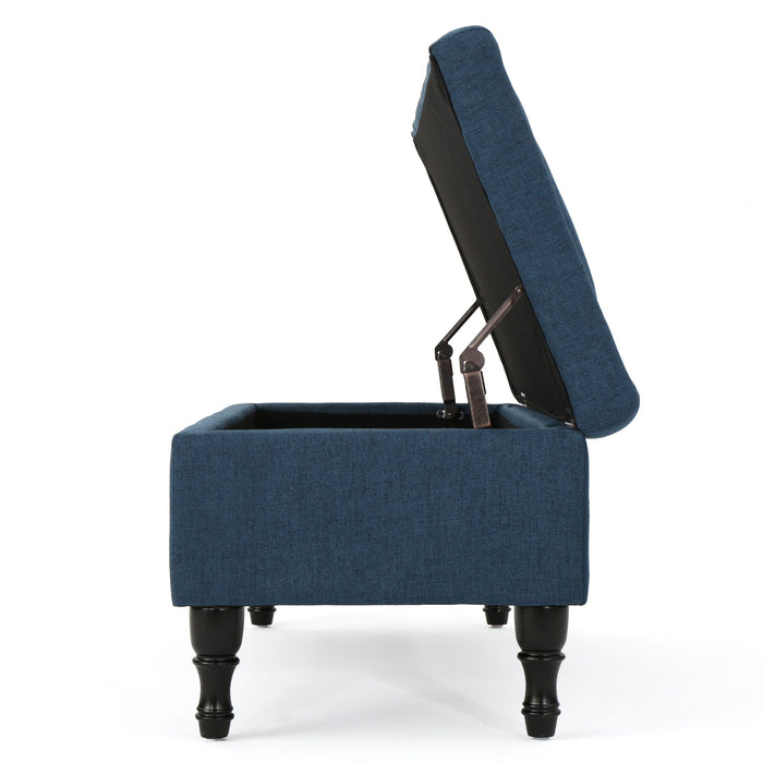 Hyatt - Suede Storage Ottoman With Tufted Top And Dark Wooden Legs - Navy Blue