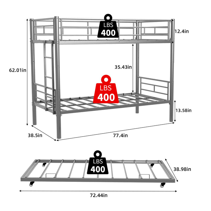 Bunk Bed For Kids, Convertible Frame With Ladders & Guardrail