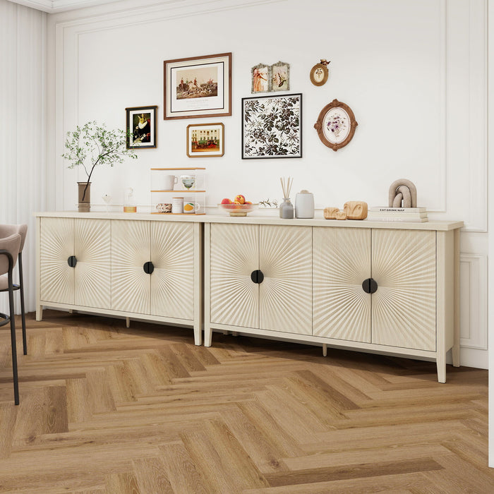 4 Door Sideboard, Carved Sideboard Buffet Cabinet With Storage, Modern Coffee Bar Cabinet With Adjustable Shelf For Living Room, Dining Room, Kitchen - Natural