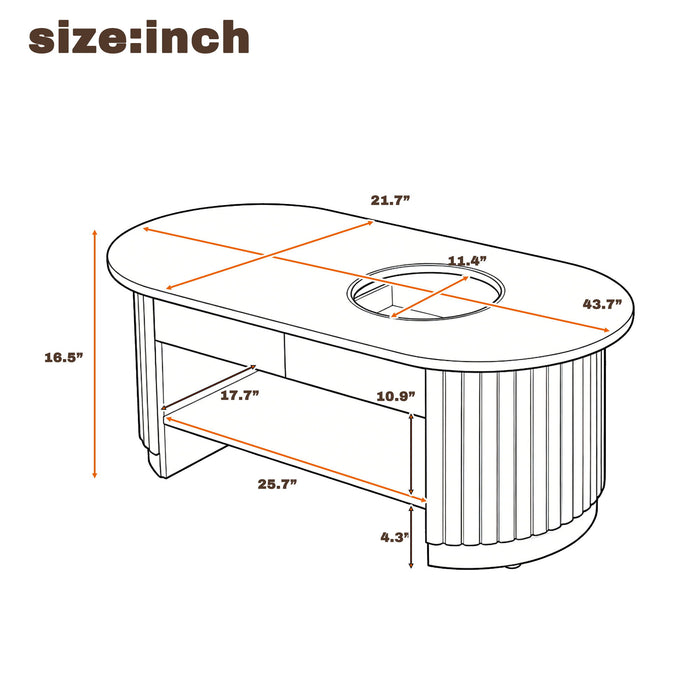 Fluted Oval Coffee Table With Drawers, 2 Tier Cocktail Table