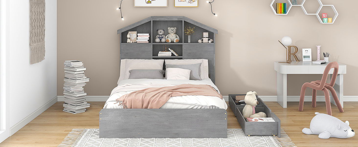Full Size Wood Platform Bed With House Shaped Storage Headboard And 2 Drawers, Gray