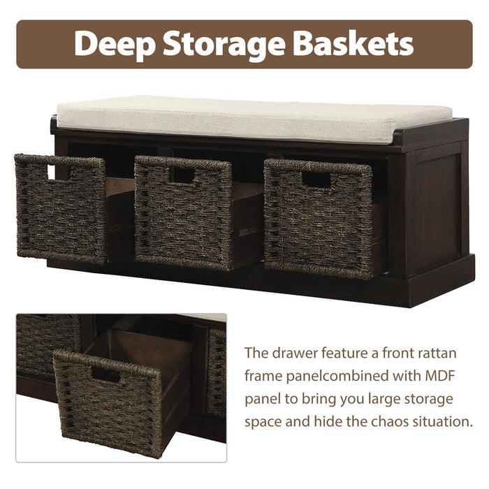 Trexm Rustic Storage Bench With 3 Removable Classic Rattan Basket, Entryway Bench With Removable Cushion - Espresso