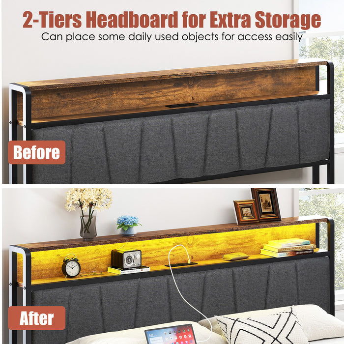 Upholstered Platform Bed Frame With Storage Drawers, USB Ports, LED Lights