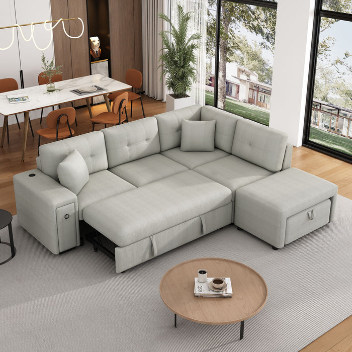 Sectional Sofa L-Shaped Sofa Couch Pull-Out Sofa Bed With A Movable Ottoman, Two USB Ports And Two Cup Holders For Living Room