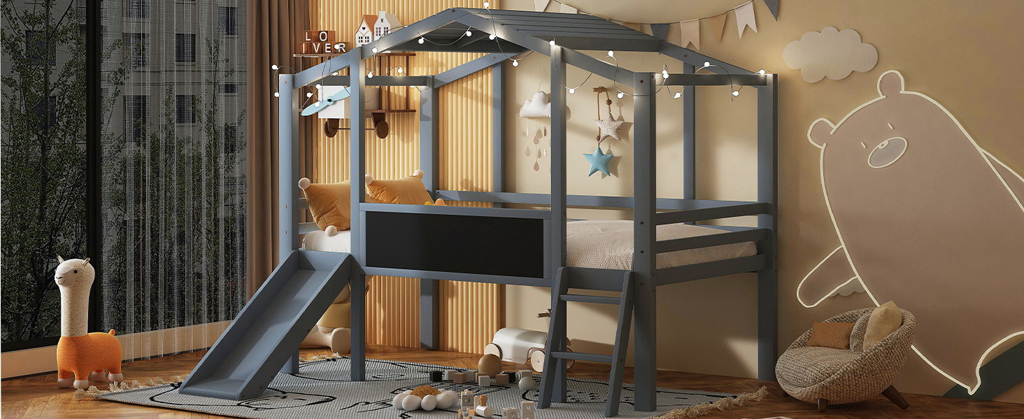 Loft House Bed With Ladder And Slide, With Blackboard And Light Strip On The Roof