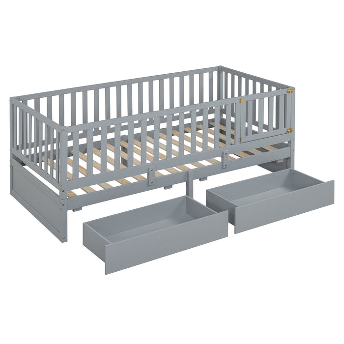 Daybed With Fence Guardrails And 2 Drawers, Split Into Independent Floor Bed & Daybed