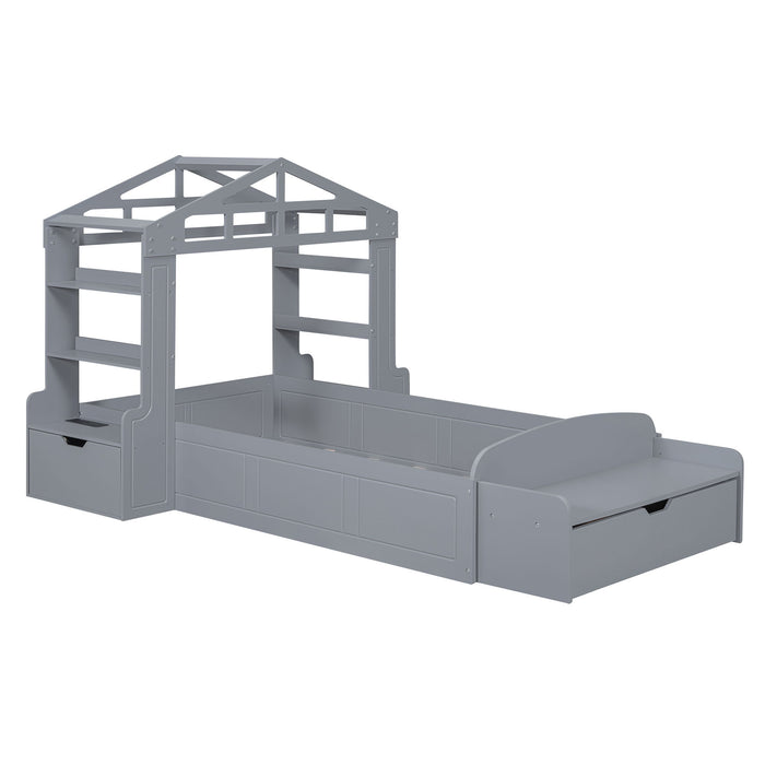 Twin Size House Bed With Bench, Socket And Shelves, Gray