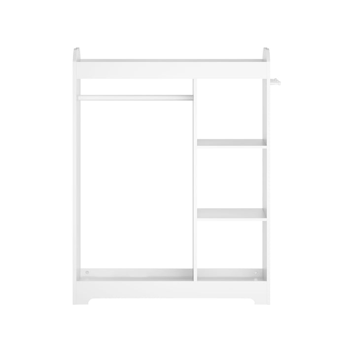 Dress Up Storage With Mirror And Hooks, Clothes Rack With Hanging Rod, 3 Side Hooks, Open Shelves, Top Shelf Organizer - White