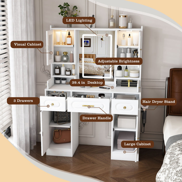 Large Vanity Table Set With Mirror, 6 Drawers & Shelves, Power Socket, Hair Dryer Holder, Cabinet Light, Dressing Desk - White