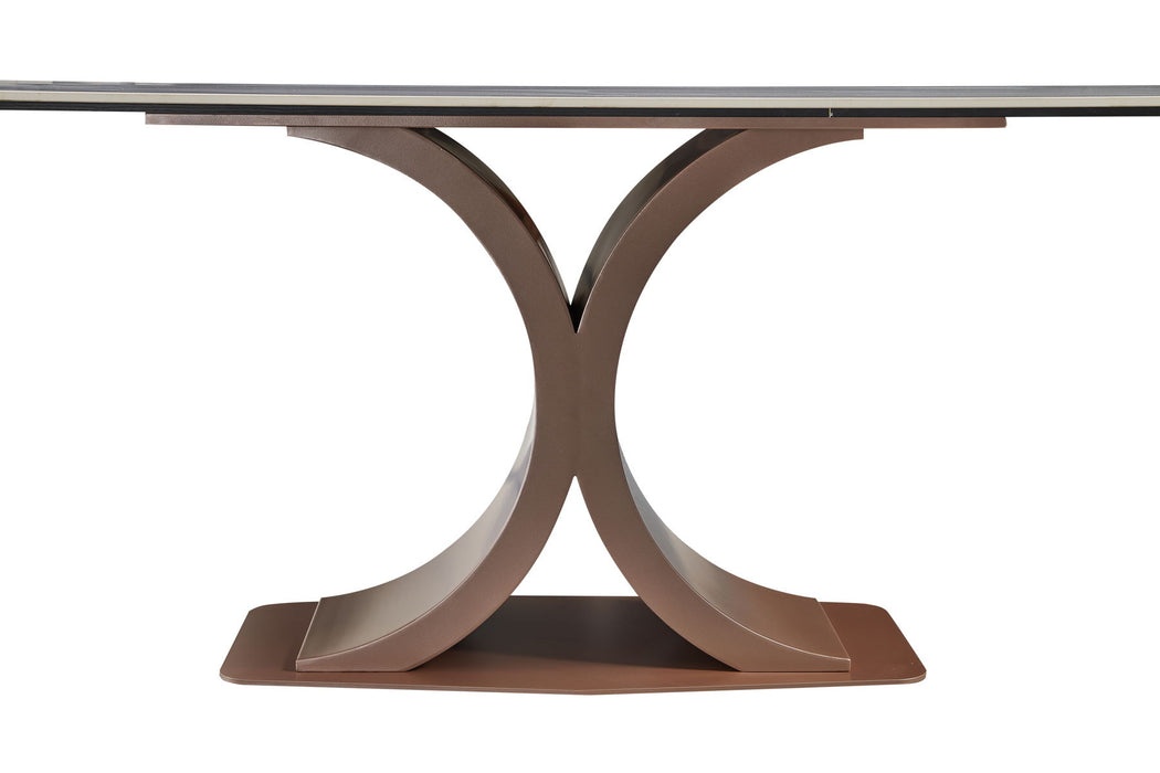 Elegant Red Copper And Carbon Steel Dining Table With Glossy Snow Mountain Stone (Excluding Chairs)
