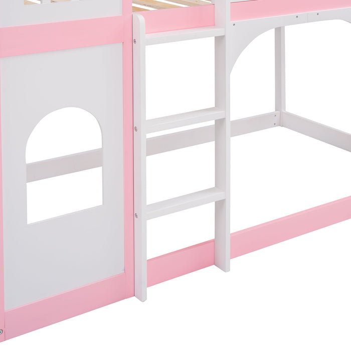 Twin Over Twin Castle Bunk Bed With Ladder - Pink