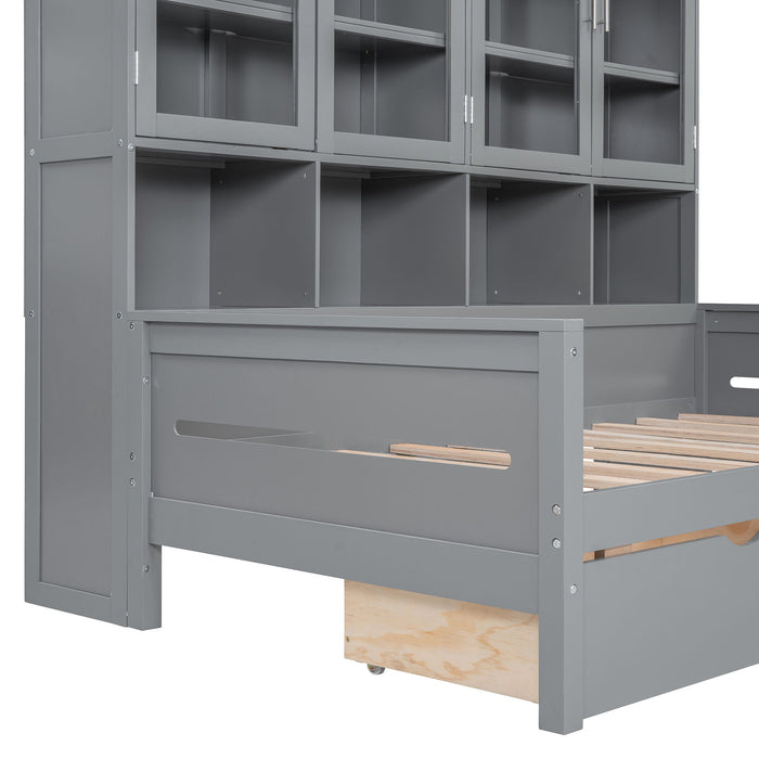 Daybed With Glass Door Storage Cabinets, Built In LED Lighting And Shelves