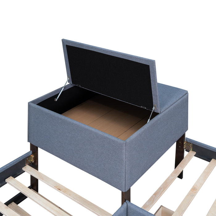 L Shaped Upholstered Platform Bed With Trundle And 2 Drawers Linked With Built In Desk
