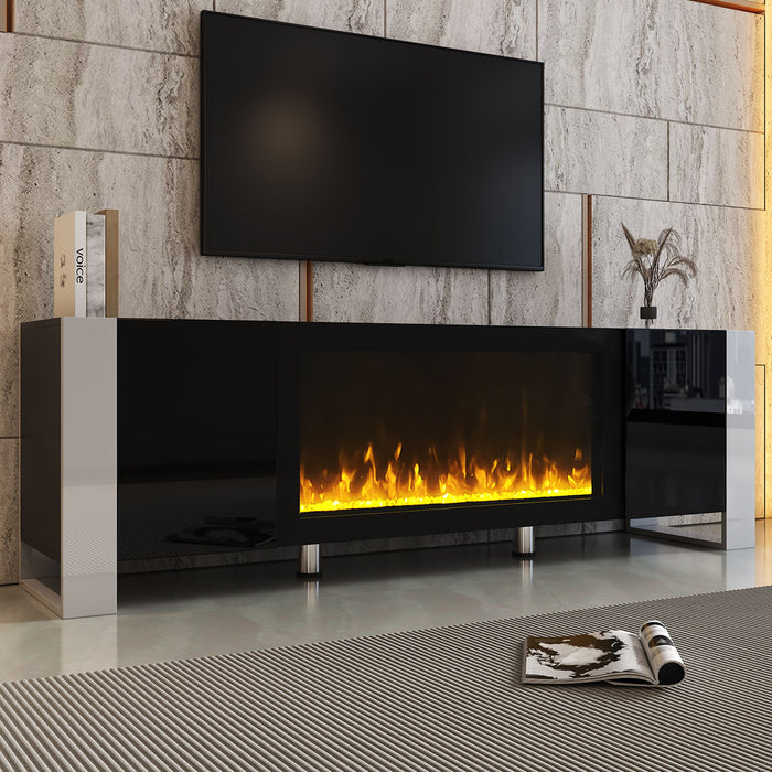 On Trend Modern TV Stand With 34.2" Non - Heating Electric Fireplace, High Gloss Entertainment Center With 2 Cabinets, Media Console For TVs Up To 78" , Black