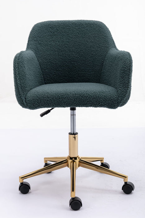 Modern Teddy Fabric Material Adjustable Height 360 Revolving Home Office Chair With Gold Metal Legs And Universal Wheel For Indoor, Green
