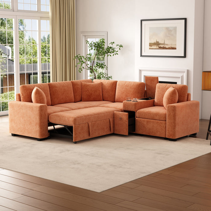 Contemporary L Shaped Convertible Sofa Bed With Pull Out Bed, Cup Holders, And Storage