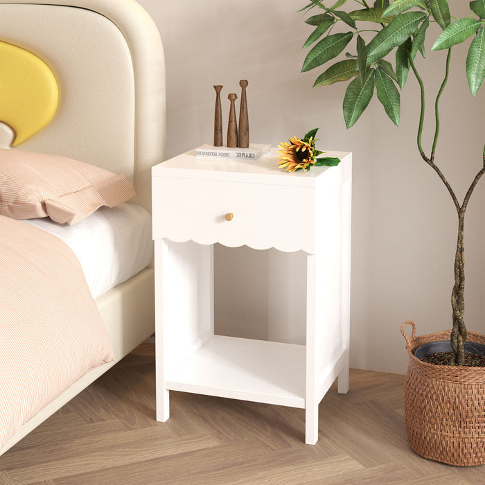 Nightstand With Drawer And Open Shelf, Scalloped Edge Bedside Table For Bedroom - White