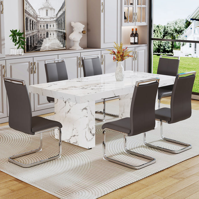 One Piece Of White MDF Material With Patterns On The Dining Table, 6 PU Synthetic Leather High Backrest Cushioned Side Chairs With C-Shaped Silver Metal Legs